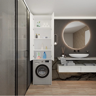 Шкаф-пенал с нишей для стиральной машины с МДФ фасадами Эос Белый глянец